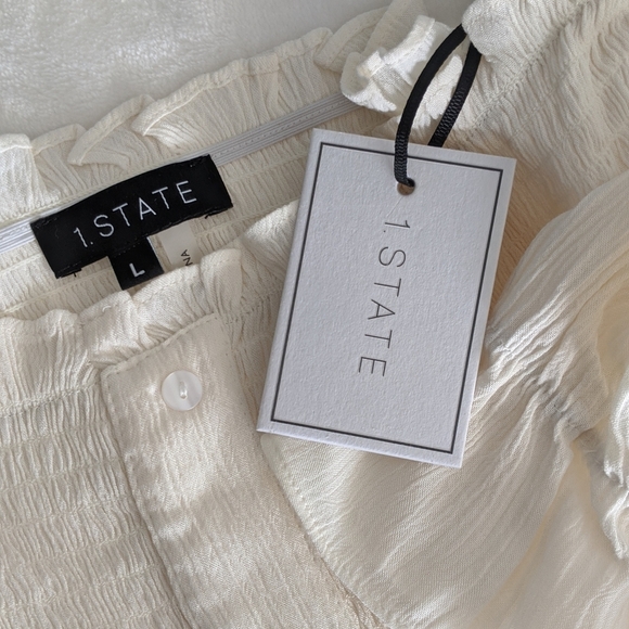 1. State Off The Shoulder Smock Bodice 3/4 Sleeve Bell Cuff Antique White L NWT - Picture 8 of 8